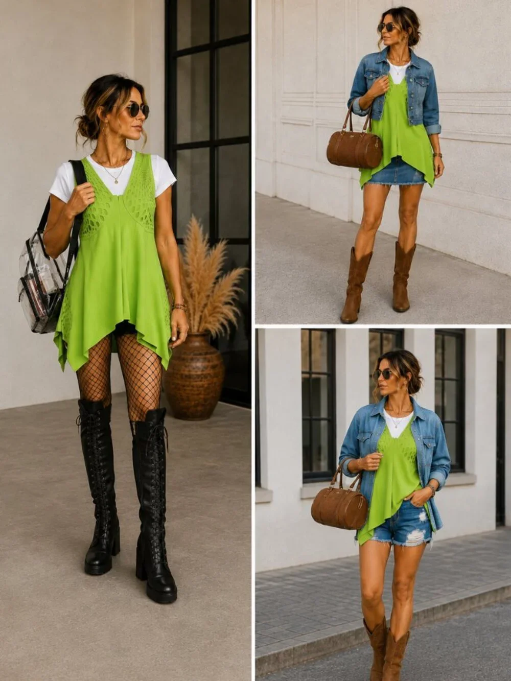 Alberto Makali NY Lime Green Faux Suede Laser Cut Tunic Top L Lagenlook